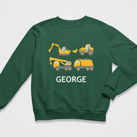 Personalised dark green kids construction sweatshirt with yellow diggers, trucks and the name George.