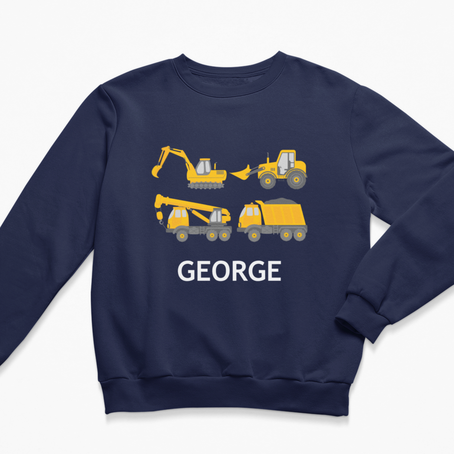 A kids navy blue crewneck sweatshirt featuring a graphic of four yellow construction vehicles (excavator, bulldozers, crane, and dump truck) above the name 'GEORGE' in white capital letters, displayed on a clean white background.