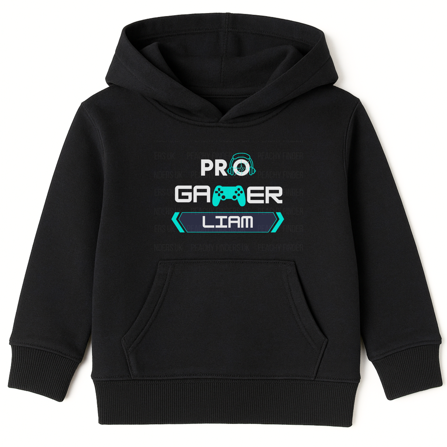 Kids black personalised PRO Gamer hoodie product photo with cyan blue gaming headset and controller graphic and custom name on front, white background.