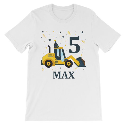 Kids personalised yellow digger 5th birthday t-shirt with his name printed underneath.