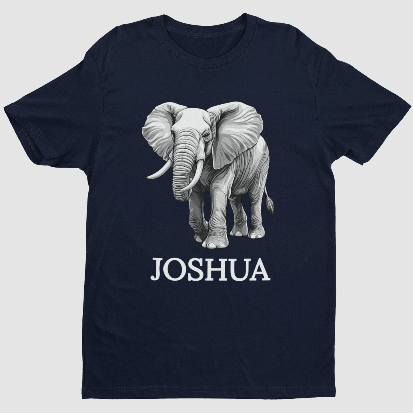 Kids navy blue t-shirt with a graphic of an elephant and the name 'Joshua' printed underneath - flat-lay product