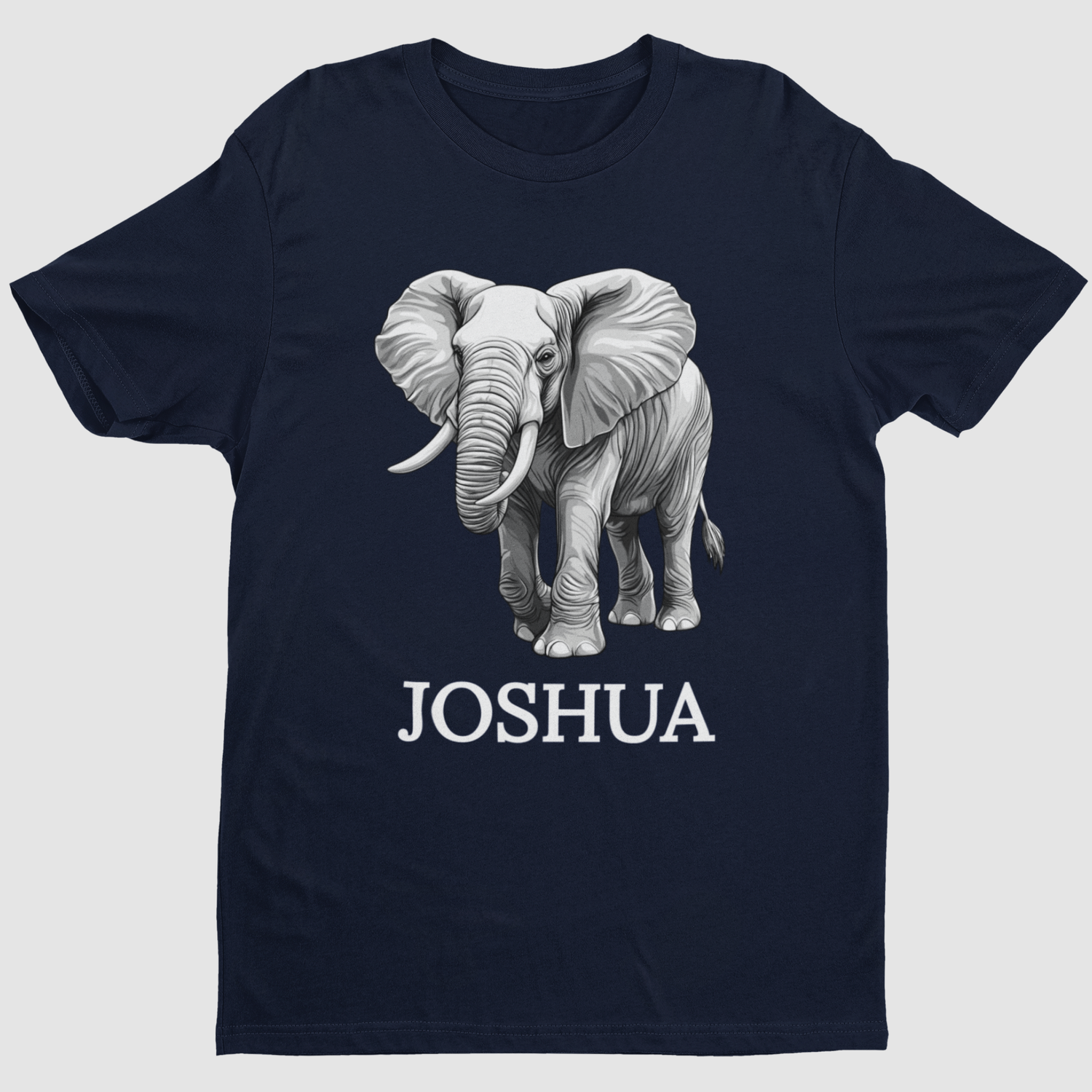 Kids navy blue t-shirt with a graphic of an elephant and the name 'Joshua' printed underneath - flat-lay product