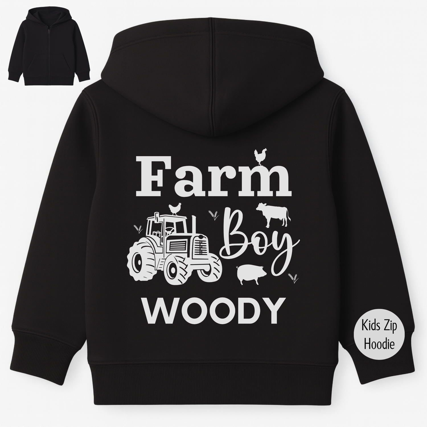 Personalised kids black Farm Boy zip hoodie with tractor back print and custom name Woody, children’s farm themed hoodie.