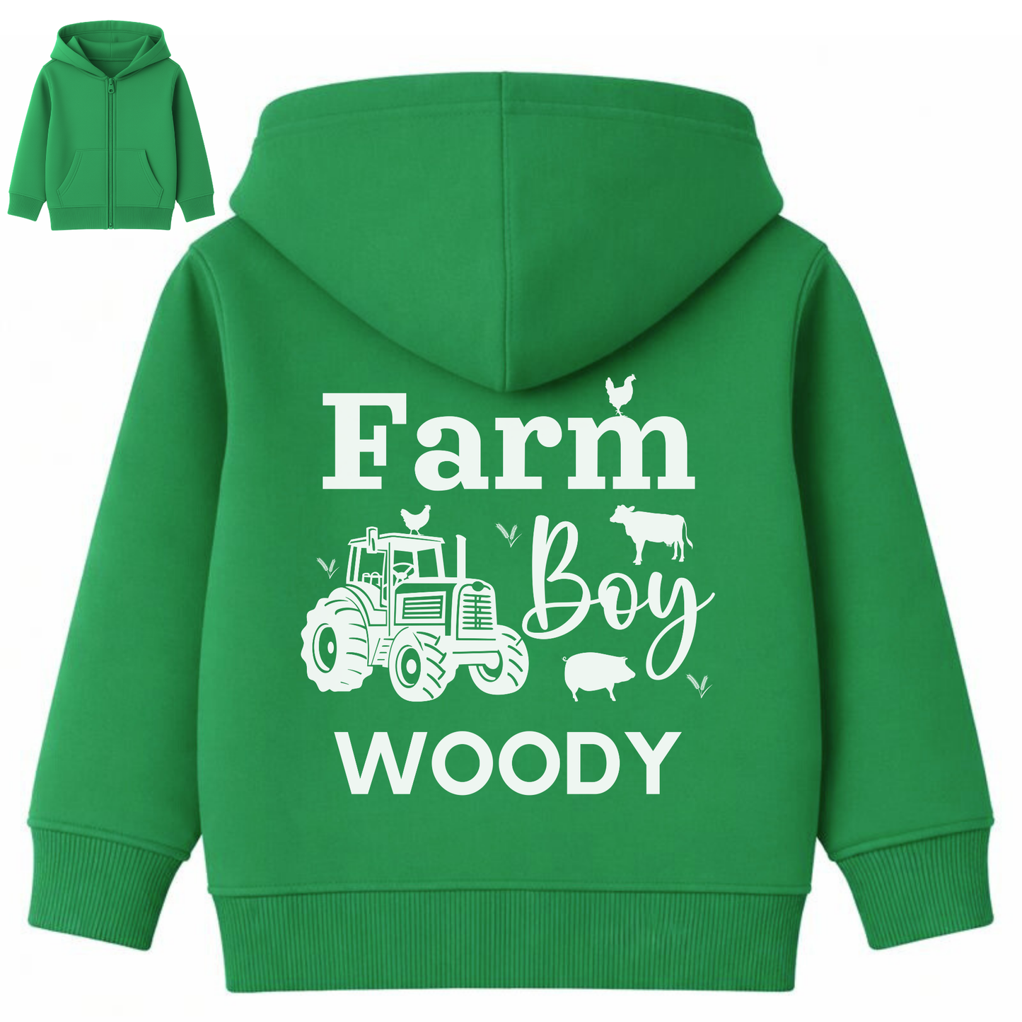 Personalised kids green Farm Boy zip hoodie with tractor back print and custom name Woody, children’s farm themed hoodie.