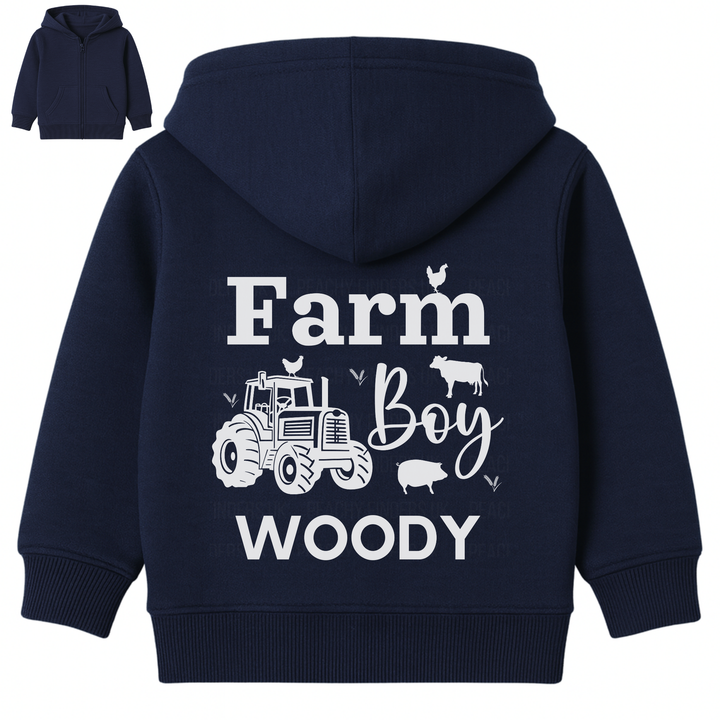Personalised kids navy Farm Boy zip hoodie with tractor back print and custom name Woody, children’s farm themed hoodie.