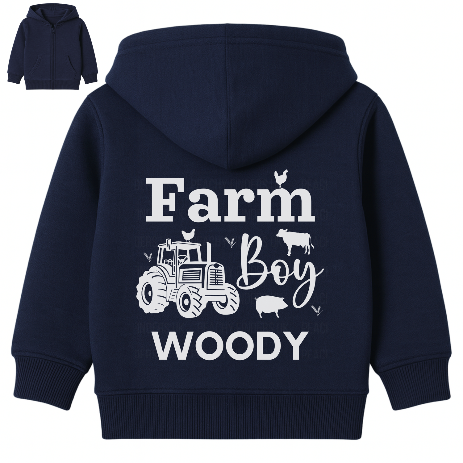Personalised kids navy Farm Boy zip hoodie with tractor back print and custom name Woody, children’s farm themed hoodie.
