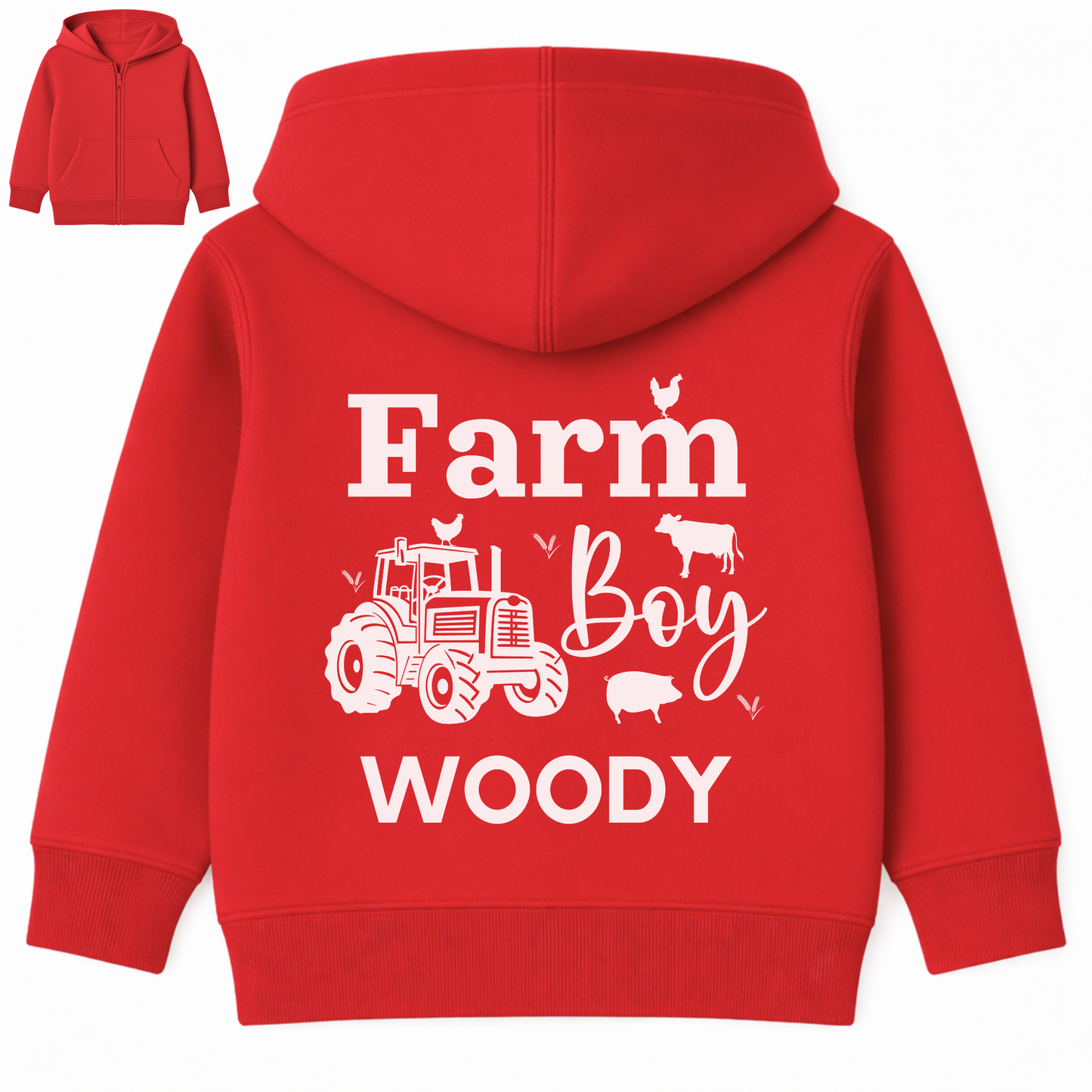Personalised kids red Farm Boy zip hoodie with tractor back print and custom name Woody, children’s farm themed hoodie.