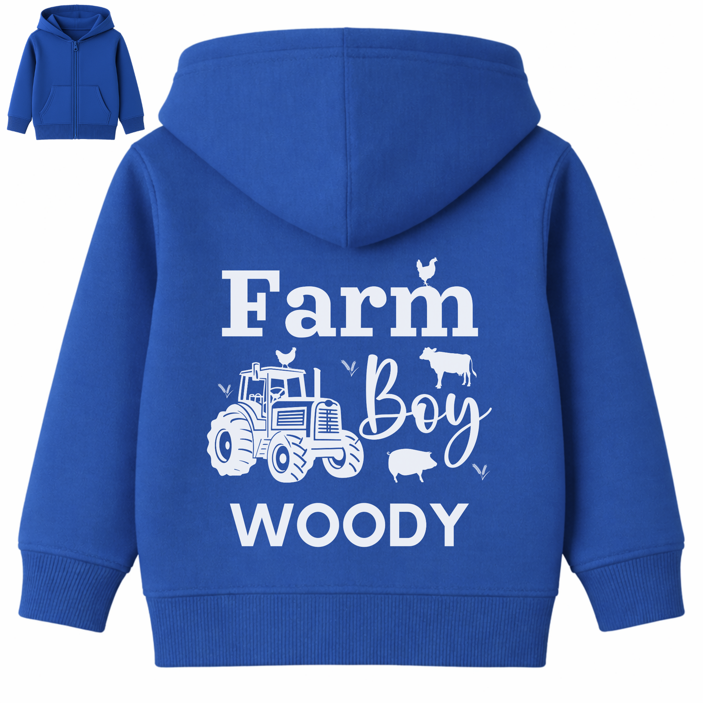 Personalised kids royal blue Farm Boy zip hoodie with tractor back print and custom name Woody, children’s farm themed hoodie.