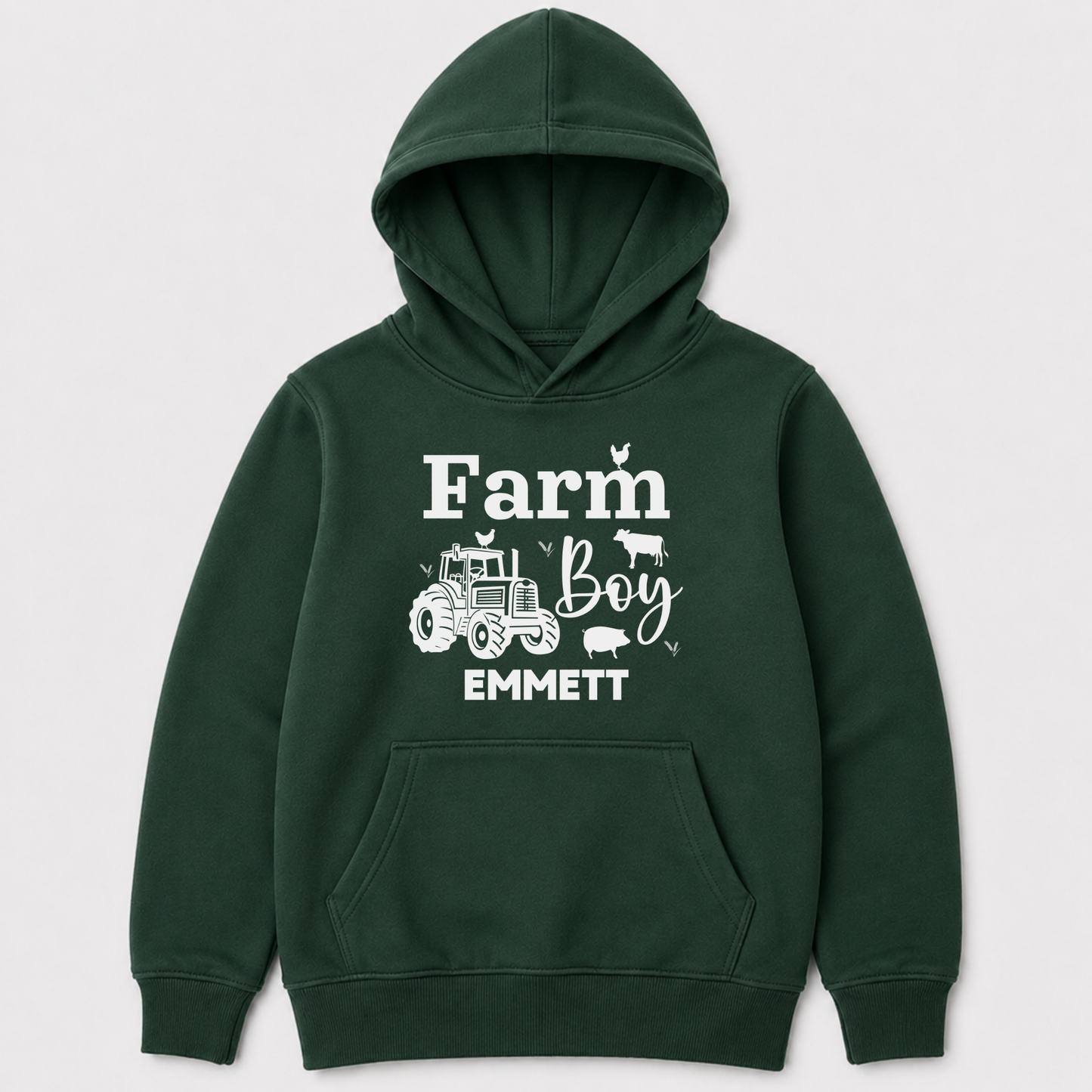Personalised dark green kids Farm Boy hoodie with white tractor, farm animal graphics and custom name George on the front.