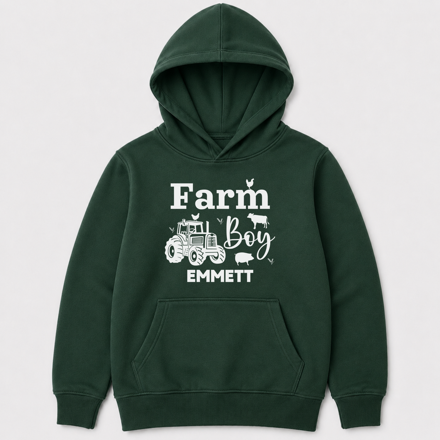 Personalised dark green kids Farm Boy hoodie with white tractor, farm animal graphics and custom name George on the front.