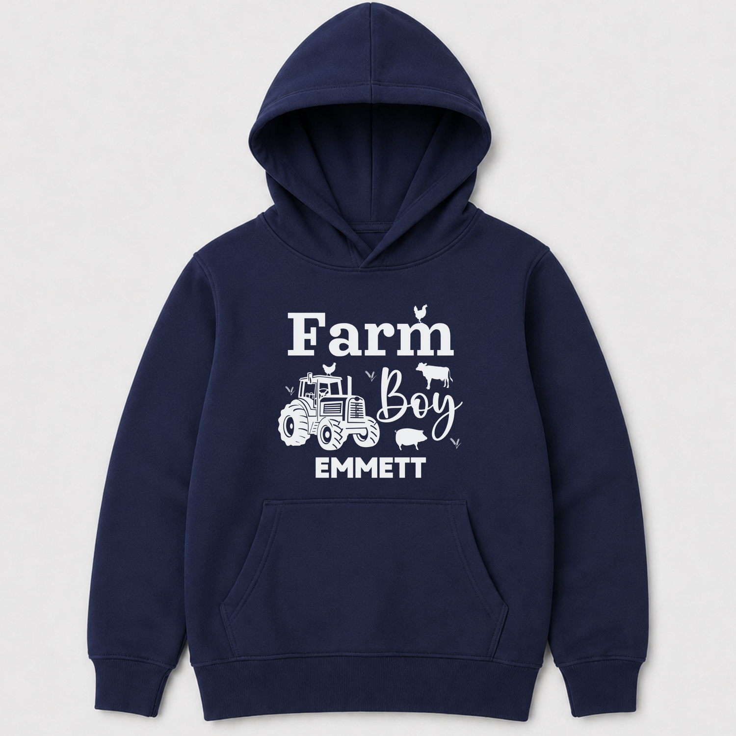 Personalised Oxford navy kids Farm Boy hoodie with white tractor, cow, pig and chicken design and custom name Emmett.