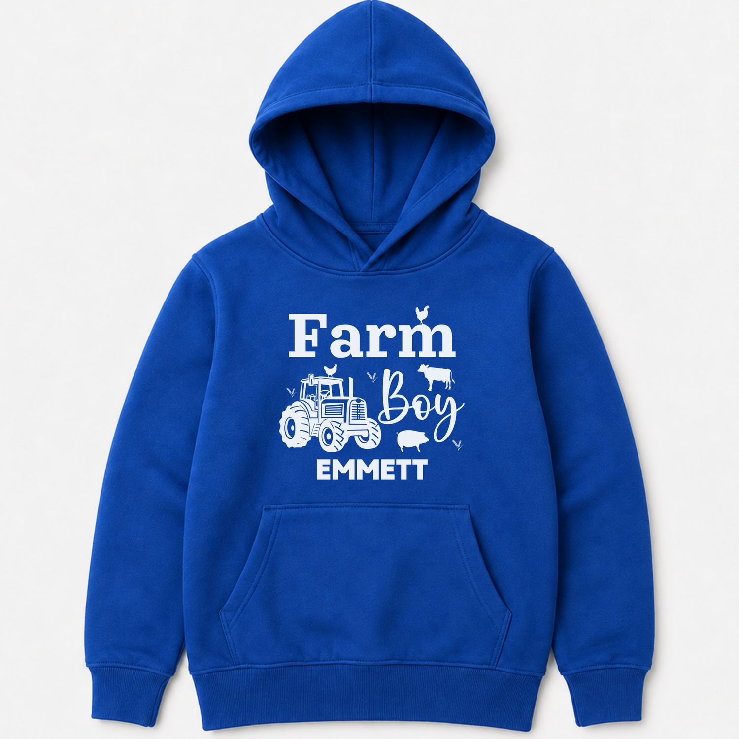 Personalised royal blue kids Farm Boy hoodie featuring white tractor and farm animal graphics with custom name Emmett on the front.