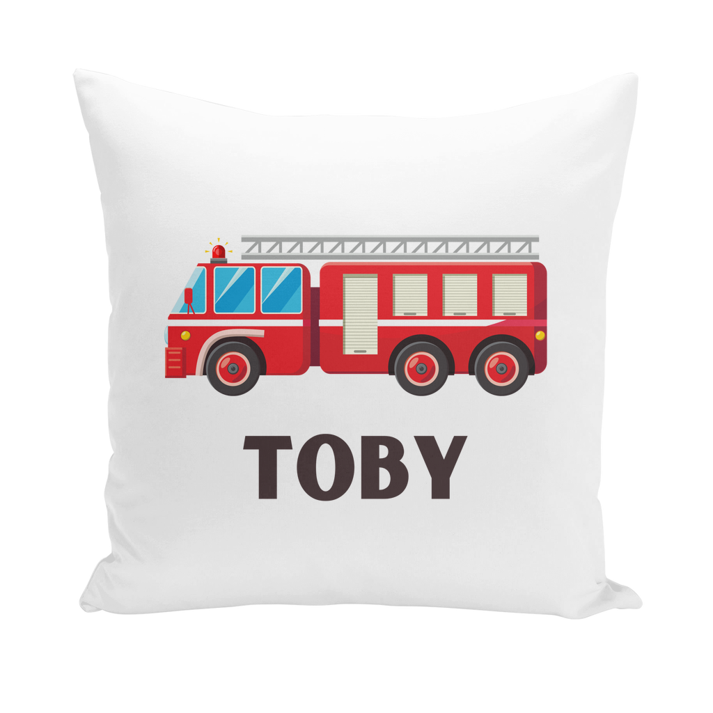 Kids cushion cover with a red fire engine graphic and personalised name 'TOBY' printed underneath.