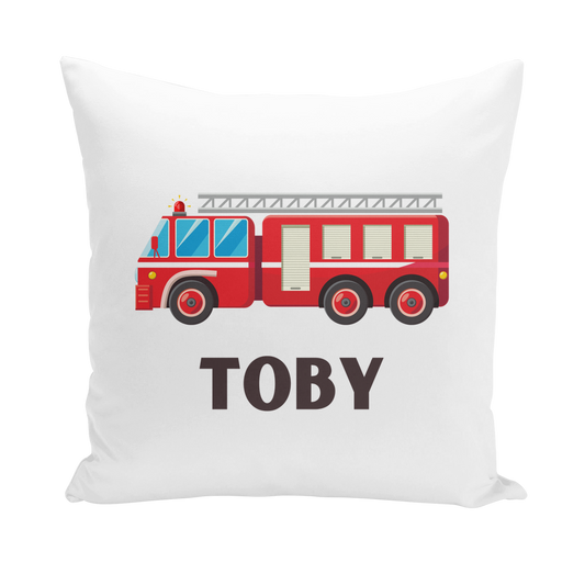 Kids cushion cover with a red fire engine graphic and personalised name 'TOBY' printed underneath.