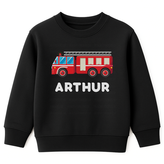 Kids sweatshirt in black with bright red fire engine graphic and personalised name Arthur printed on the front.