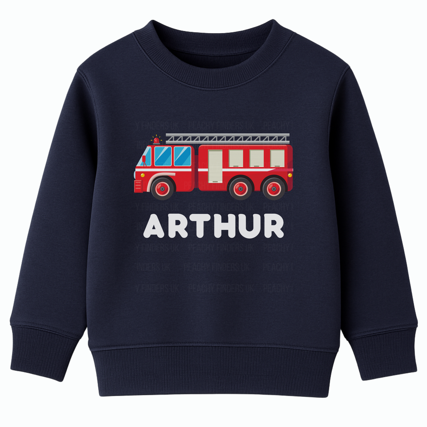Navy kids sweatshirt with bright red fire engine graphic and personalised name Arthur printed on the front.