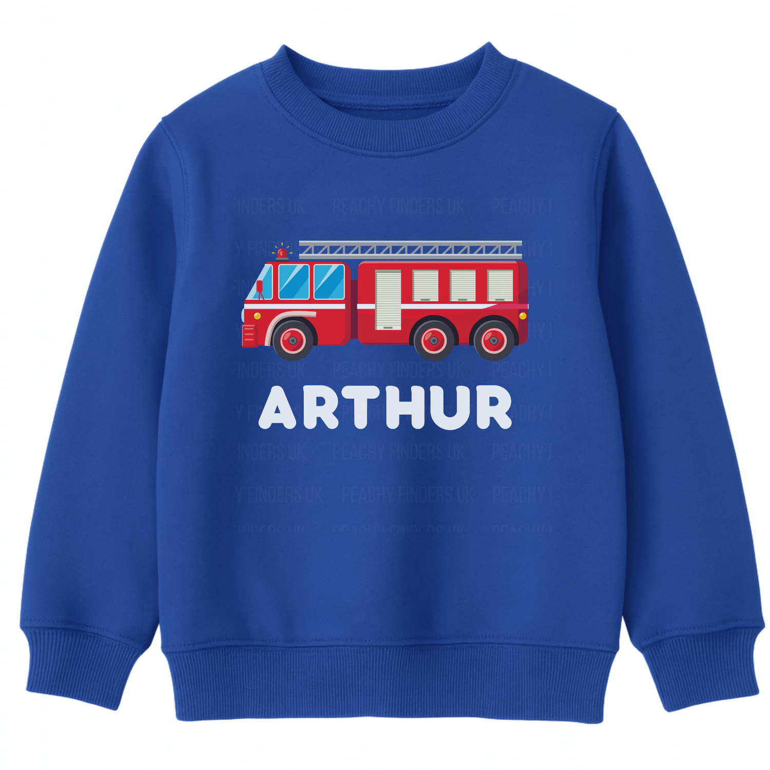 Royal Blue kids sweatshirt with bright red fire engine graphic and personalised name Arthur printed on the front.