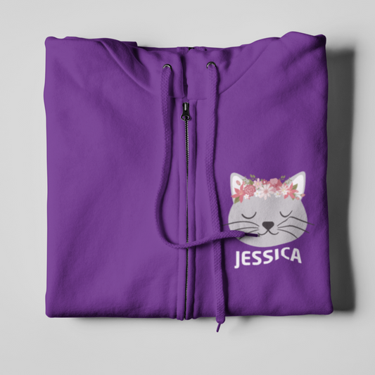 Girls Personalised Floral Cat Zip Hoodie | 3 - 13 years