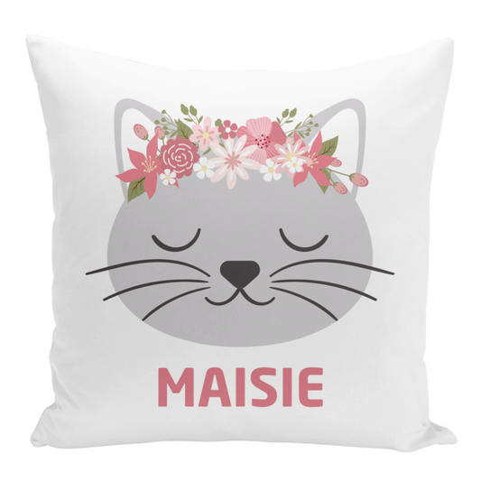 Personalised girls cushion cover featuring a cute grey cat with a pink floral crown and the custom name printed below