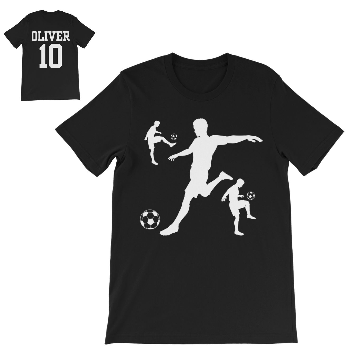 Boys black personalised football T-shirt with bold white footballer silhouette design and optional custom name and number back print.