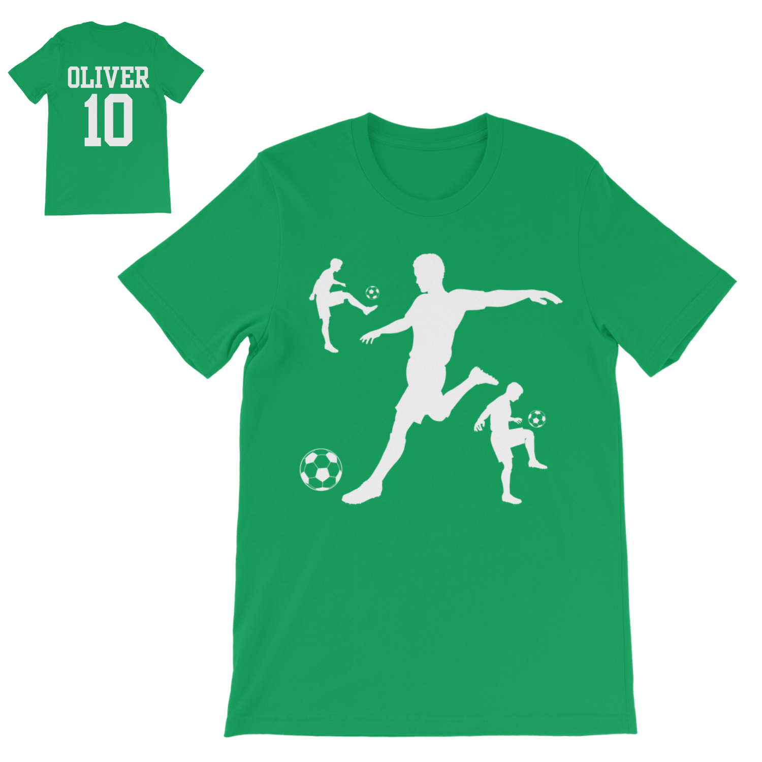 Kids personalised football T-shirt in green with white footballer silhouette front print and optional back name and number design.