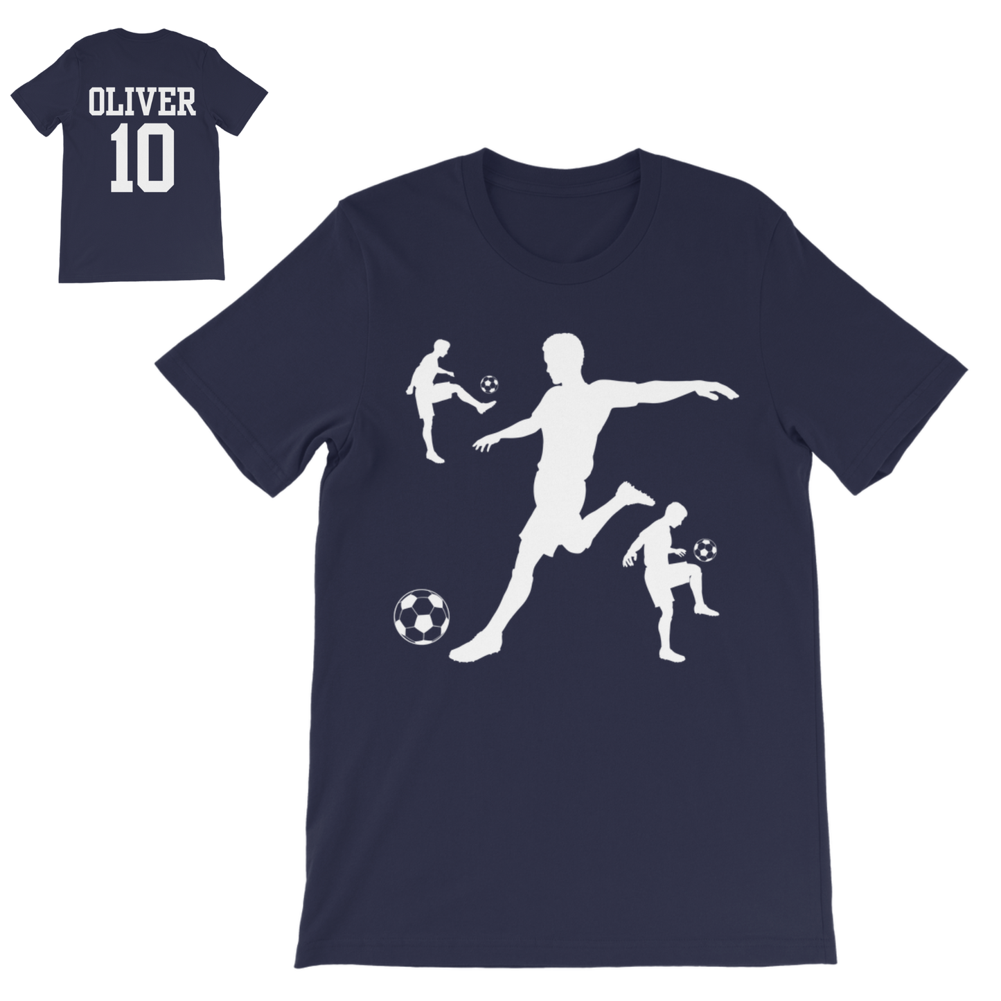 Navy personalised boys football T-shirt with white player silhouette design on the front and custom name and number back print.