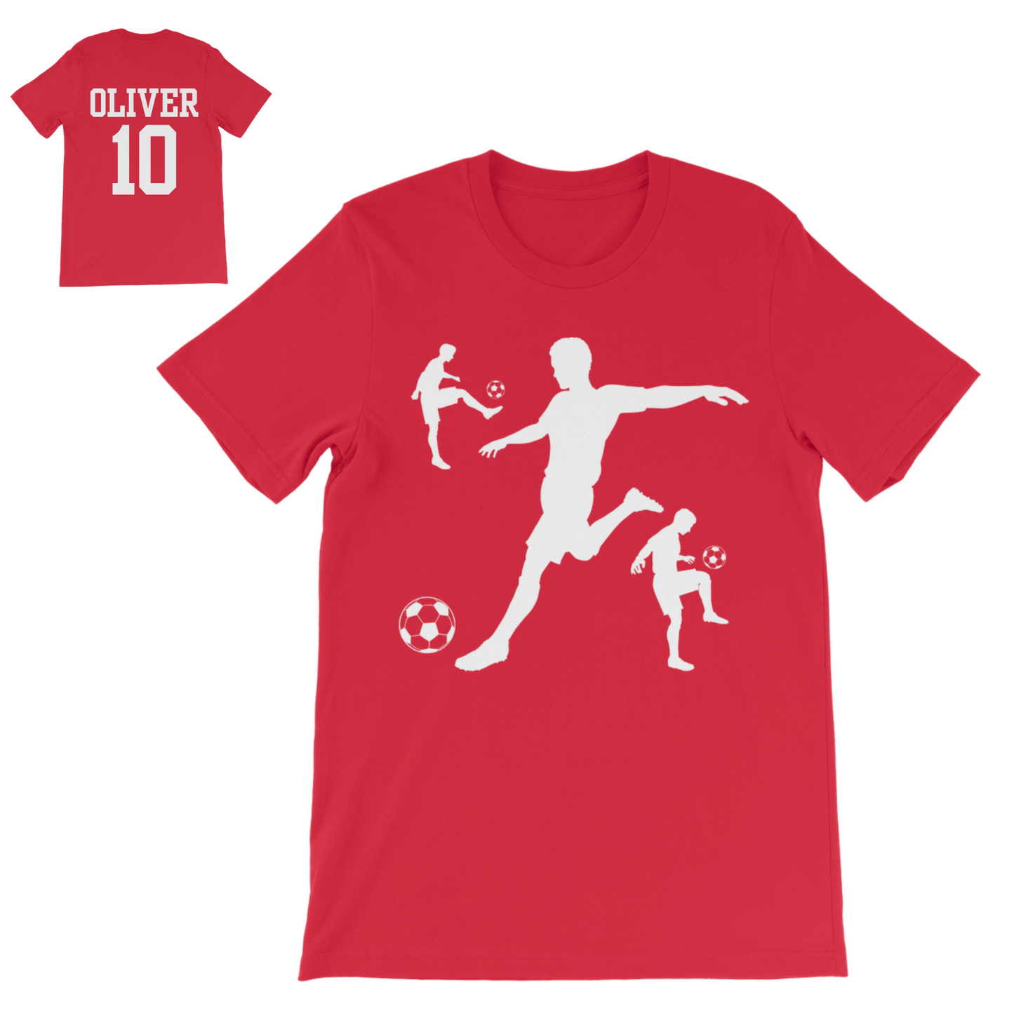 Red kids personalised football T-shirt featuring a white footballer silhouette front graphic with optional name and number on the back.