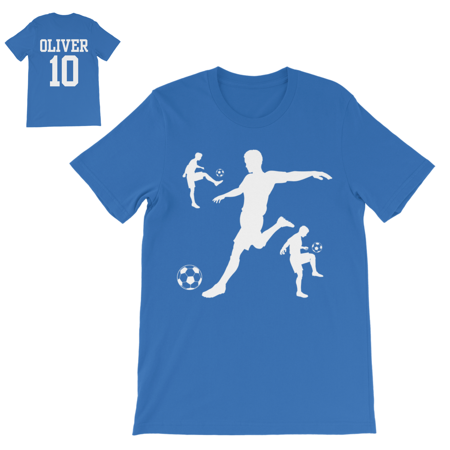 Royal blue children’s football T-shirt with white football player silhouette front print and personalised back name and number option.