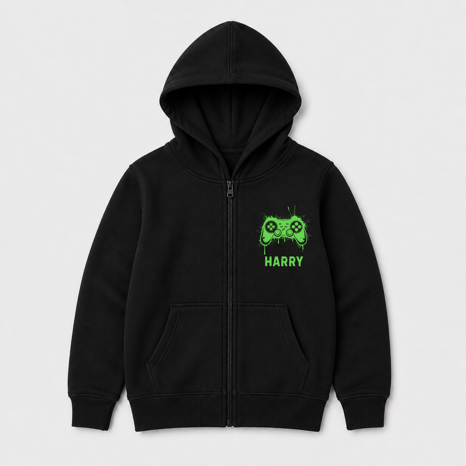 A black zip-up hoodie with a green graphic of a game controller and the name 'HARRY' printed on the left chest, displayed on a light grey background.