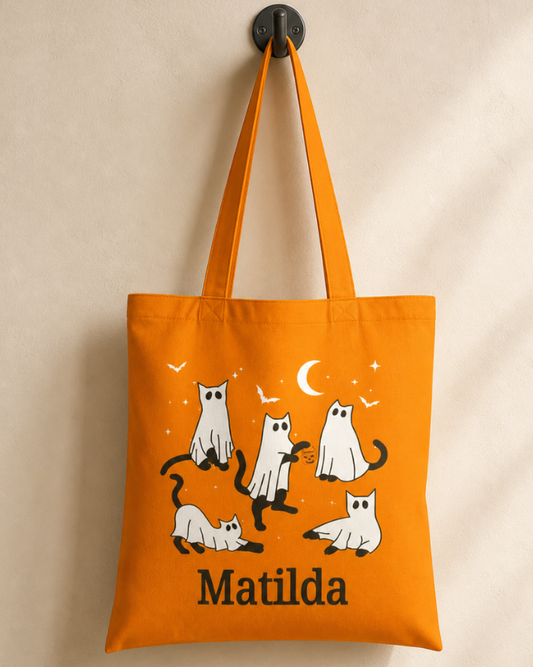 Personalised Kids Halloween Tote Bag - 'Ghost Cats' Trick or Treat Bag
