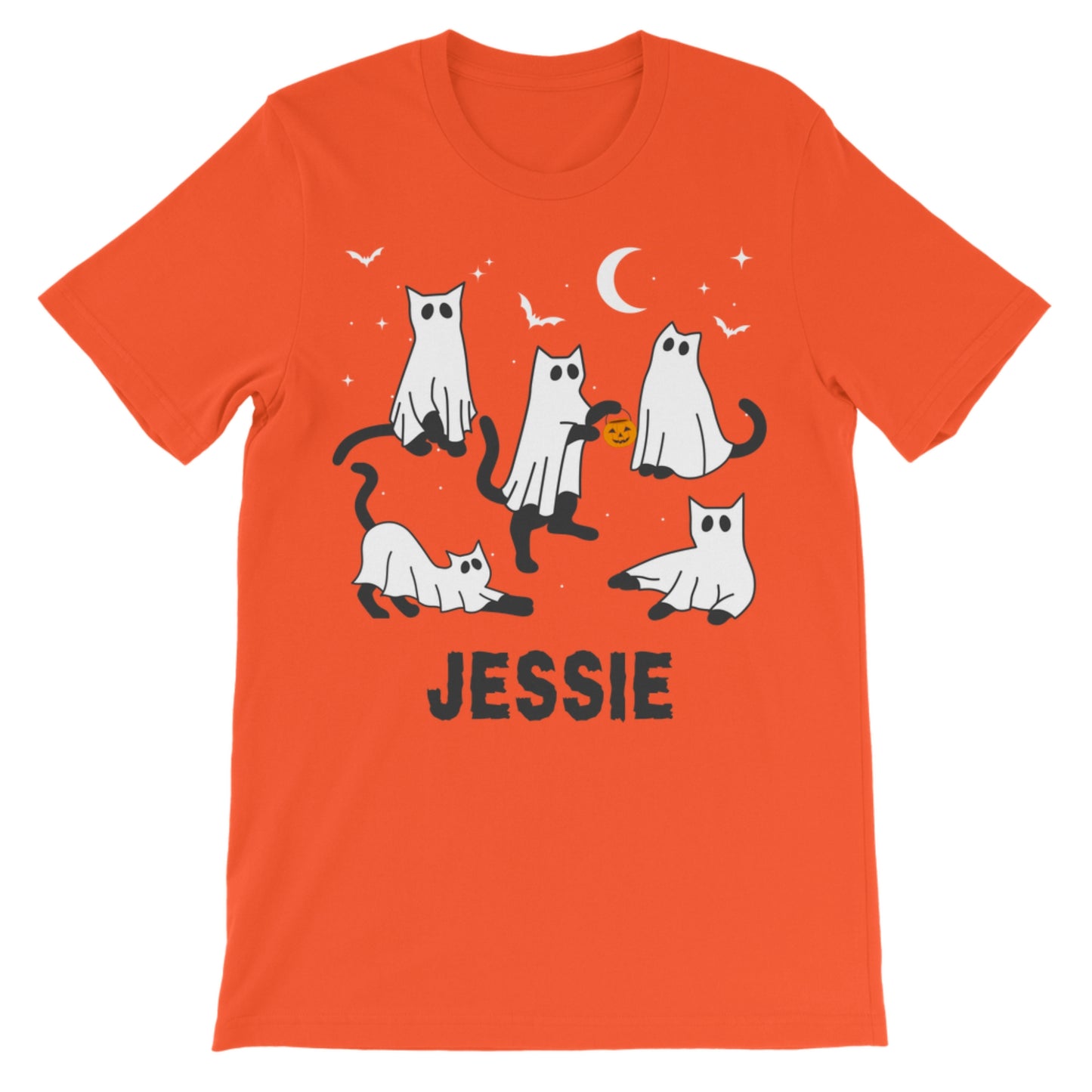 Personalised Halloween ghost cats kids t-shirt orange flat lay custom name Jessie spooky design