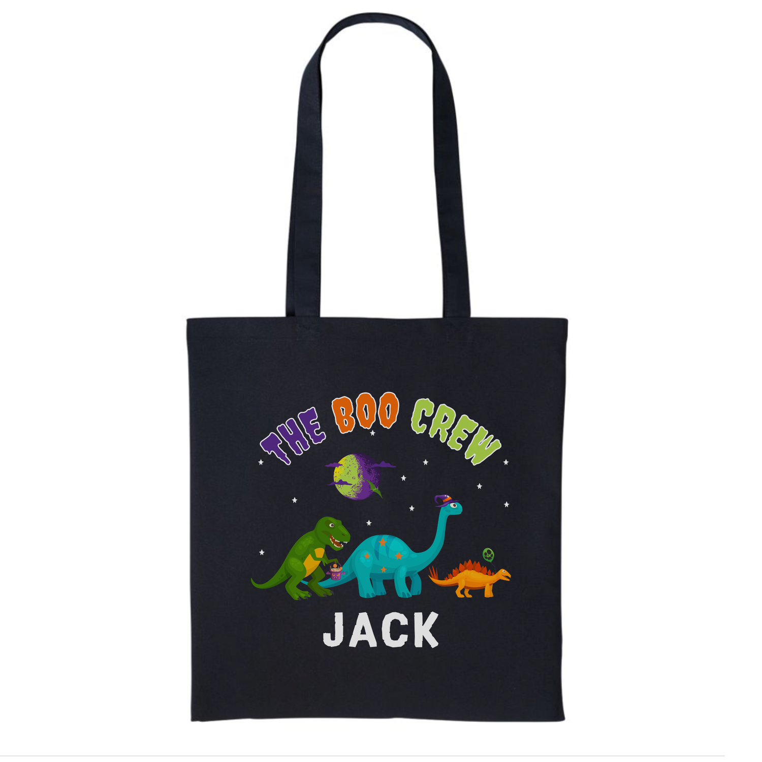Black personalised dinosaur Halloween tote bag featuring The Boo Crew design and the name Jack