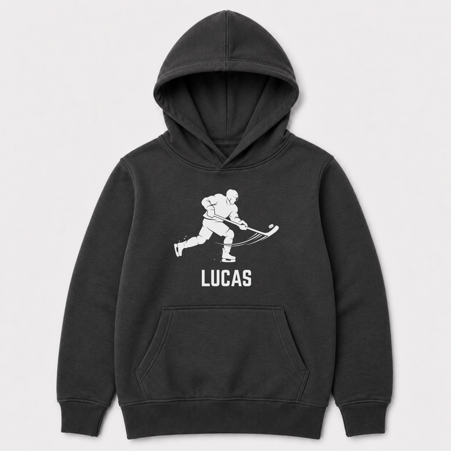 Children's dark grey pullover hoodie with a white graphic of a hockey player and a personalised name printed underneath.