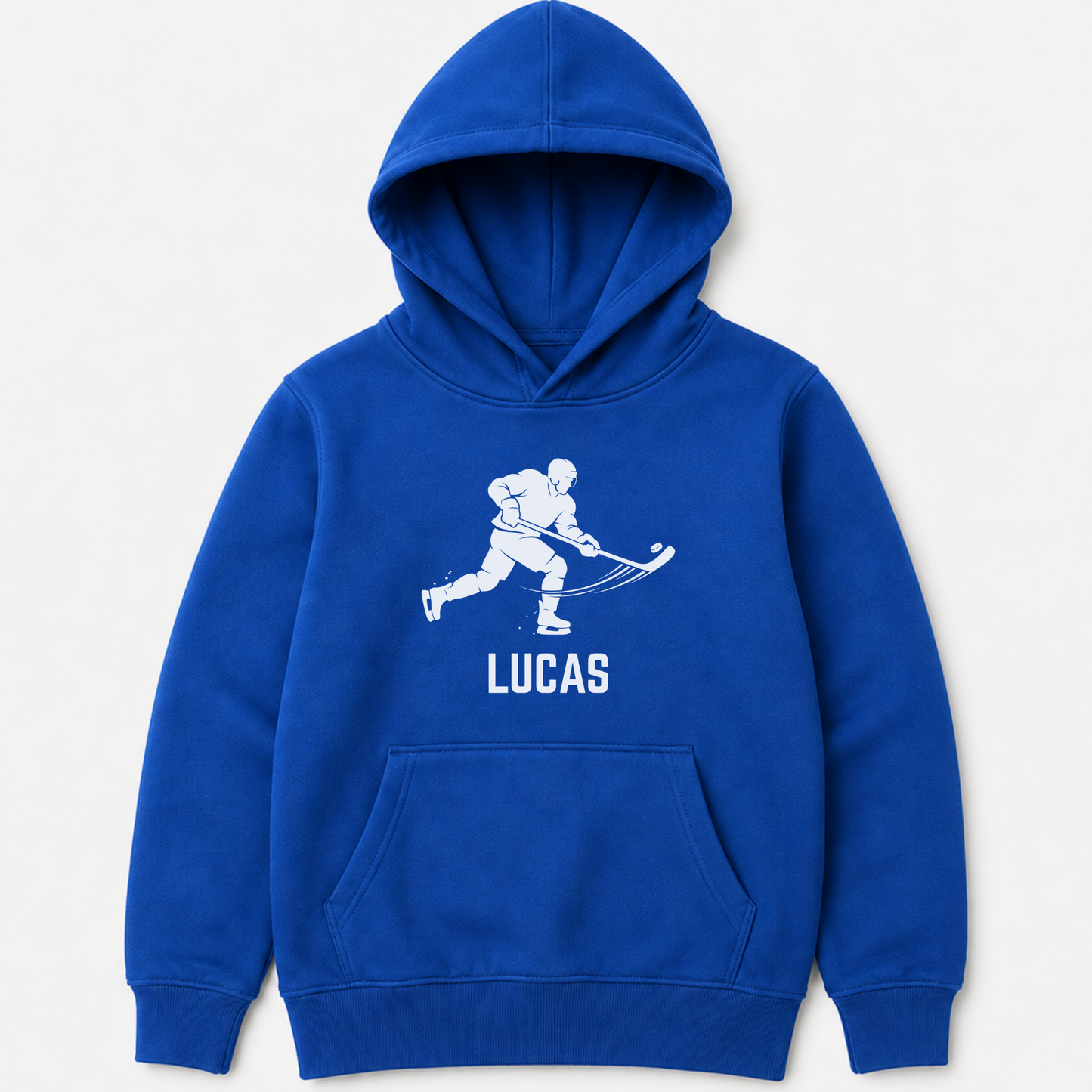 A royal blue kids' pullover hoodie with a white graphic of a hockey player and the name 'LUCAS' printed on the front, displayed on a clean white background.