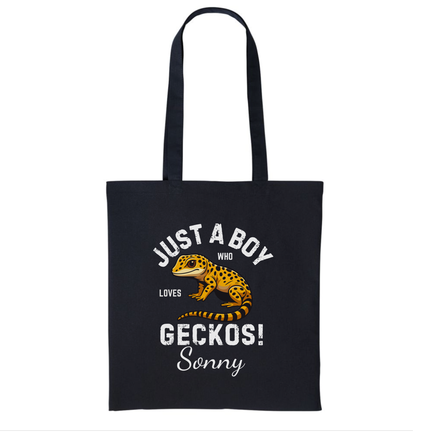 Black tote bag with a gecko graphic and text on a white background