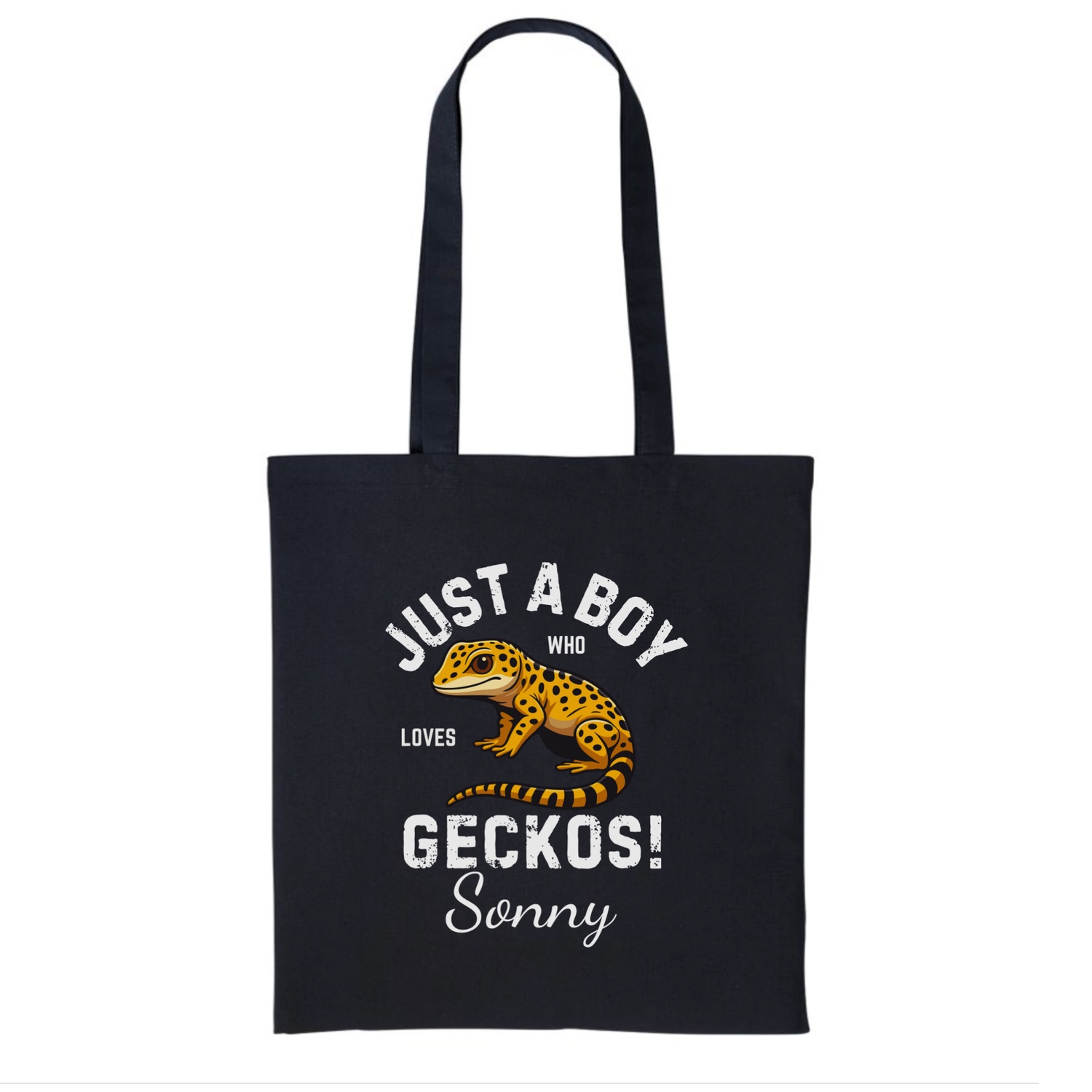Black tote bag with a gecko graphic and text on a white background