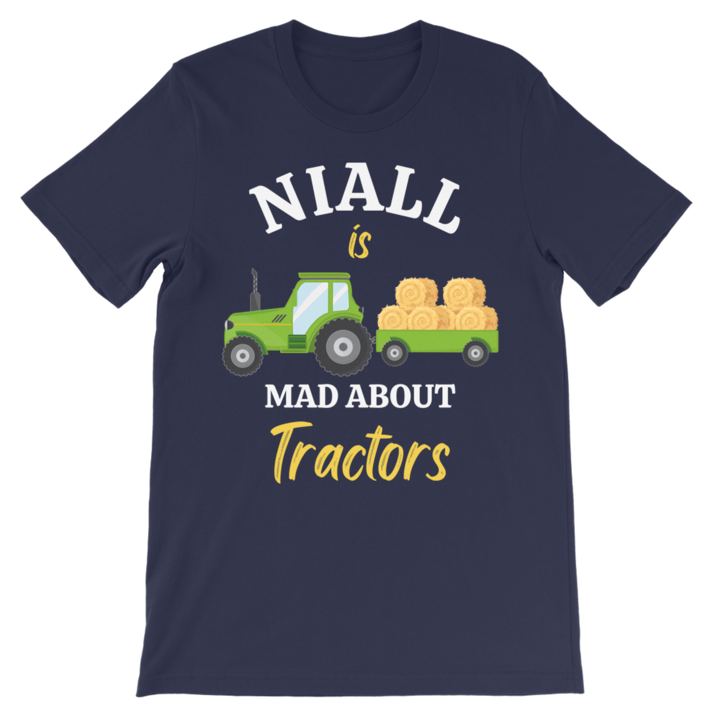 A kids navy blue short-sleeve t-shirt with a graphic print that reads 'NIALL is MAD ABOUT Tractors' in white and yellow text, featuring a green tractor pulling a trailer loaded with hay bales.