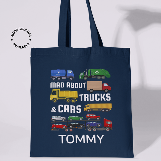 Personalised navy kids tote bag with colourful truck and car graphics and custom name Tommy