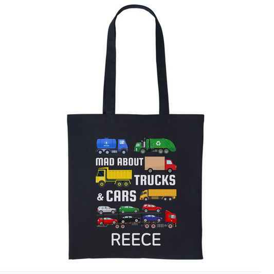 Kids personalised black cotton tote bag with colourful trucks and car transporter graphics and custom name