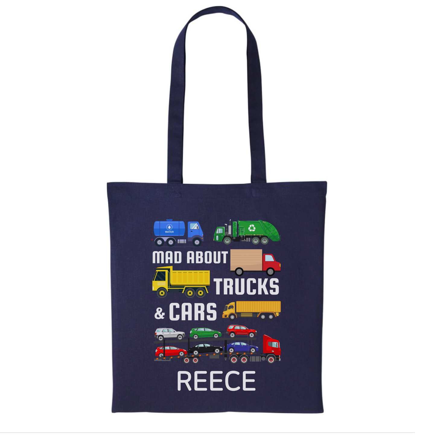 Kids Personalised Trucks & Cars Tote Bag – Custom Name Gift for Boys
