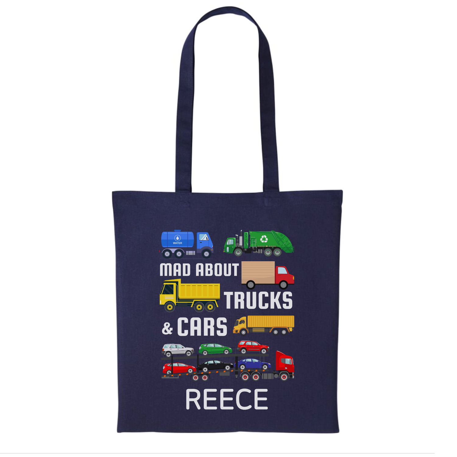 Kids personalised navy tote bag with colourful trucks and car transporter graphics and custom name