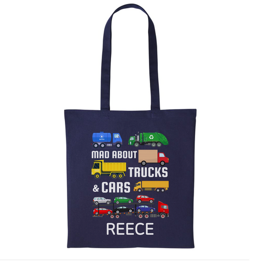 Kids personalised navy tote bag with colourful trucks and car transporter graphics and custom name