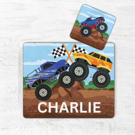 Kids Large Personalised Monster Truck Cork-Back Placemat and Coaster Set