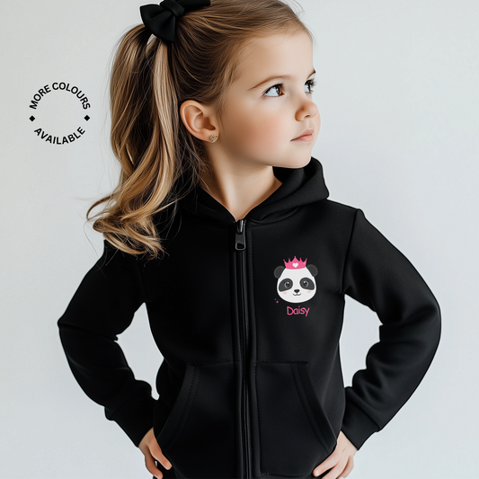 Young girl wearing black personalised zip-up hoodie with panda princess and name “Daisy” printed on the chest
