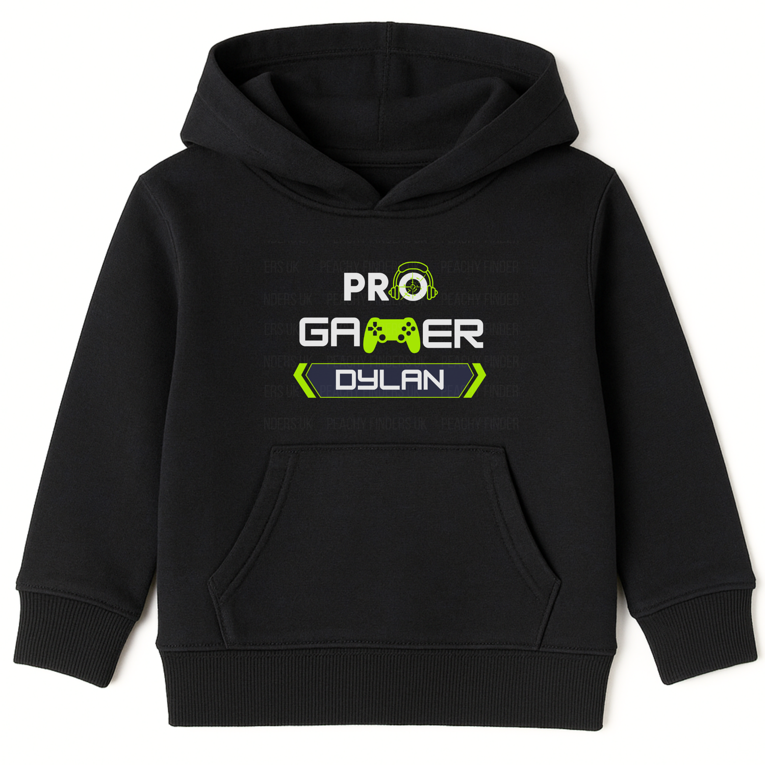 Kids black personalised PRO Gamer hoodie flat product image with lime green gaming headset and controller graphic and custom name on front, white background.