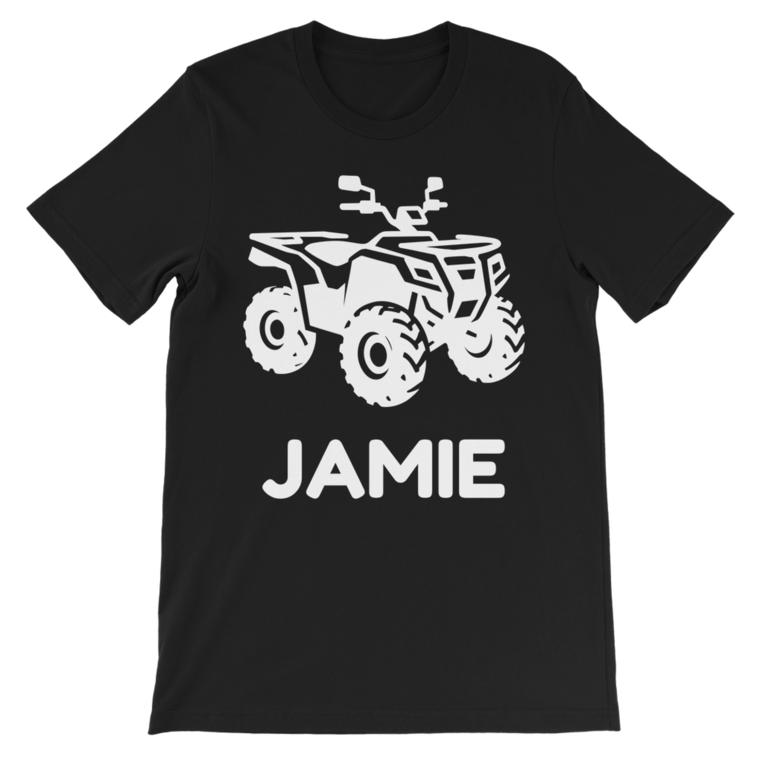 Kids personalised quad bike t-shirt in black with white ATV graphic and custom name.
