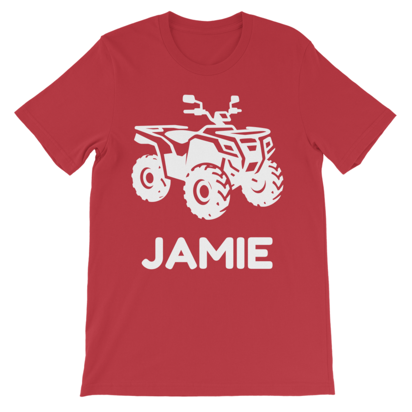 Red personalised quad bike kids t-shirt mockup with white ATV graphic and custom name.