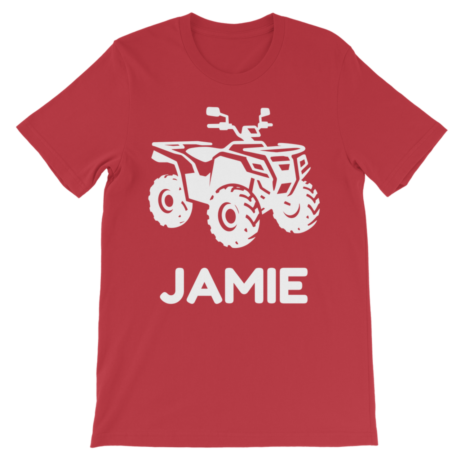 Red personalised quad bike kids t-shirt mockup with white ATV graphic and custom name.