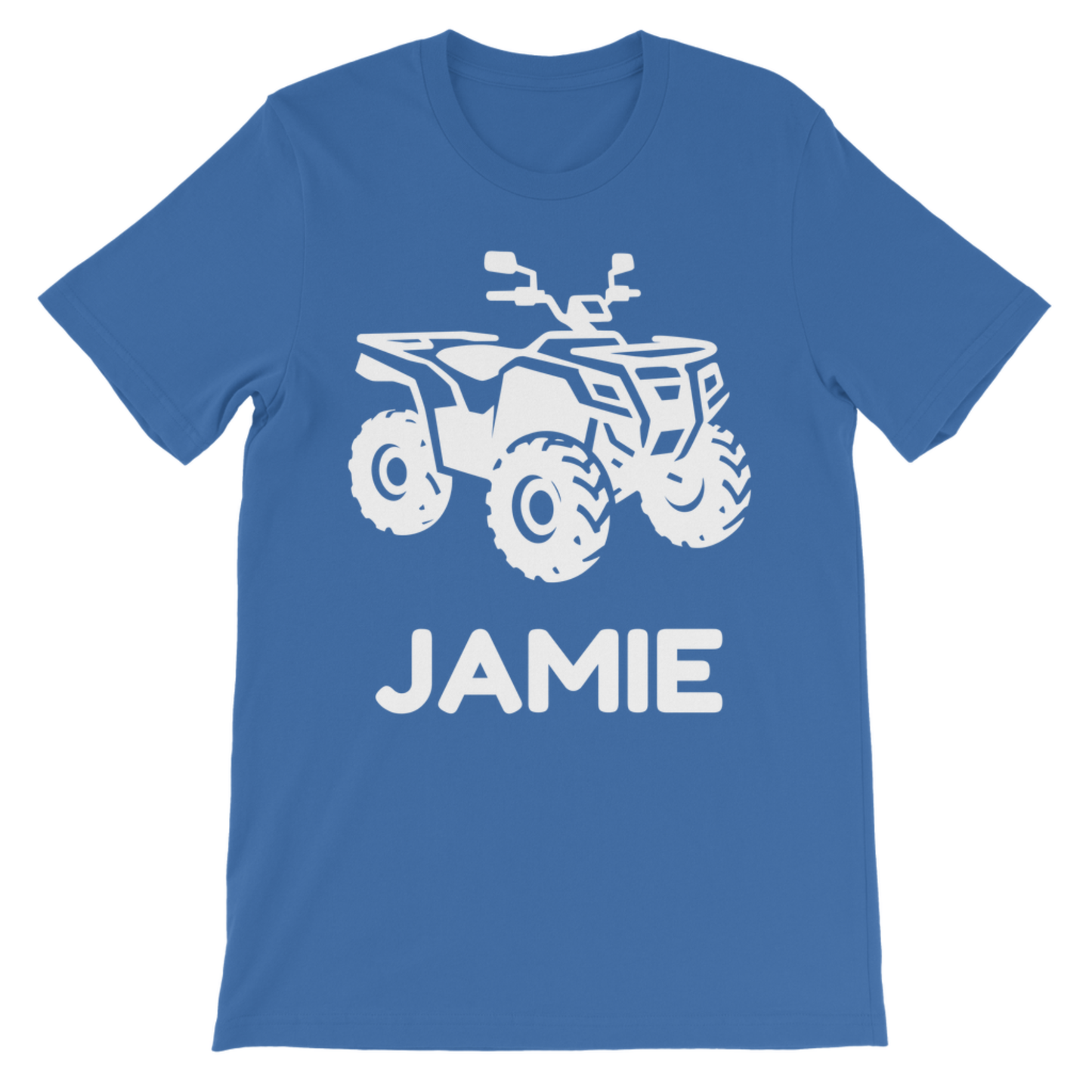 Royal blue personalised quad bike kids t-shirt mockup with white ATV graphic and name “Jamie”.