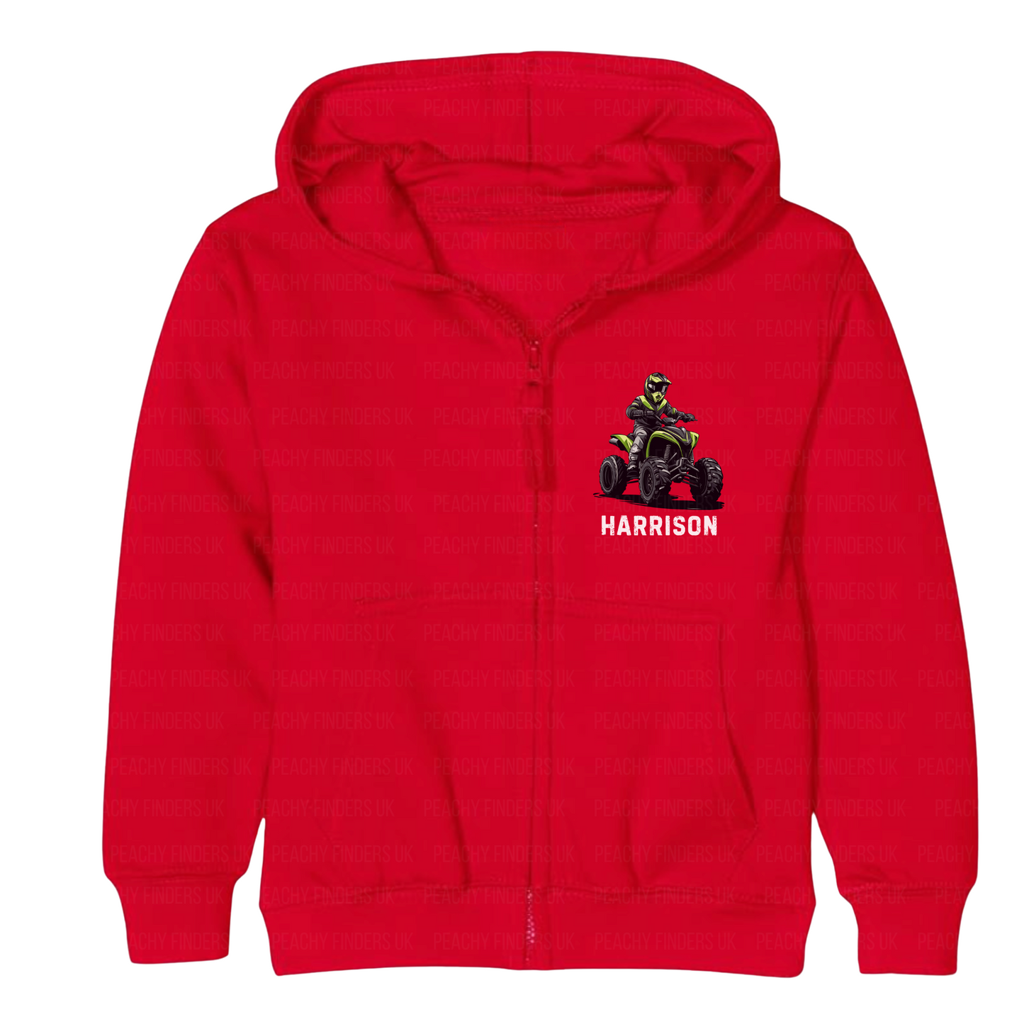Red hoodie with a graphic of a person on a four-wheeler and the name 'Harrison' on a white background